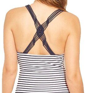 Kona Sol Navy Blue White Stripe Shirred Macrame Strap One Piece Swimsuit Sz M